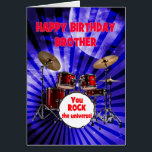 Brother Birthday You Rock Drums<br><div class="desc">Une carte d'anniversaire pour un frère. Monte le volume sur les voeux d'anniversaire! Doté d'un ensemble frappant de batterie et de l'expression "Vous faites vibrer l'univers", cette carte est un moyen énergique de célébrer la vie de la fête. Qu’ils soient batteurs ou qu’ils aient juste des ondes rock-star, cette carte...</div>