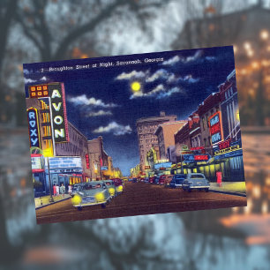 Broughton Street bij Night Savannah GA Historisch Briefkaart