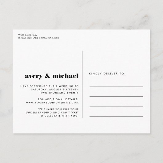 Brouiller | Faire-part de report Mariage moderne (Dos)
