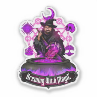 Brouwen met Magic Brew Wizard met tekst Logo Sticker