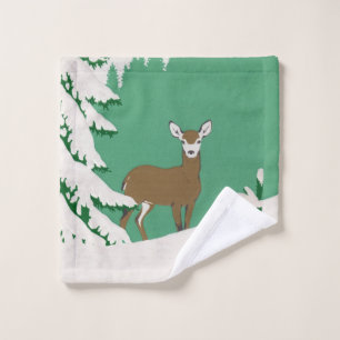 Brow Femme Doe Deer in Snow Tall Pine Tree Green