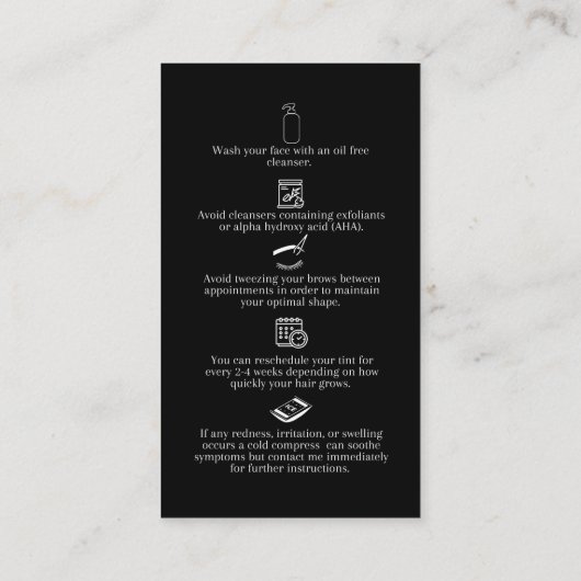 Brow Tint & Wax Aftercare Instructions Visitekaartje (Achterkant)