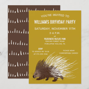 Brown and Mustard Porcupine Birthday Party Kaart