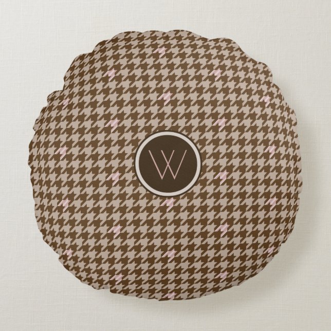 Brown avec Rose Gold Houndstooth Coussin rond (Devant)