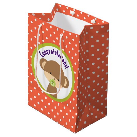 Brown Baby Monkey met Pacifier Gefeliciteerd Medium Cadeauzakje (Voorkant Gekanteld)
