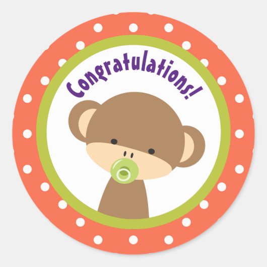 Brown Baby Monkey met Pacifier Gefeliciteerd Ronde Sticker (Voorkant)
