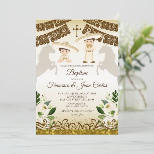 Brown Baptême Boys Mexicain Fiesta Invitation (Debout devant)