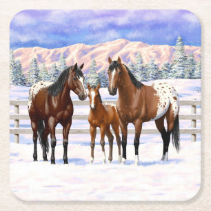 Brown Bay Appaloosa-paarden in sneeuw Vierkante Kartonnen Onderzetter