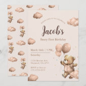 Brown Beary First Birthday Boy Kaart (Voorkant / Achterkant)