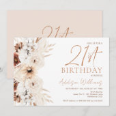 Brown Beige Boho Floral 21e verjaardag Uitnodiging (Voorkant / Achterkant)