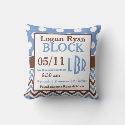 Brown Blue Personalized Baby Announcement Pillow Kussen (Voorkant)