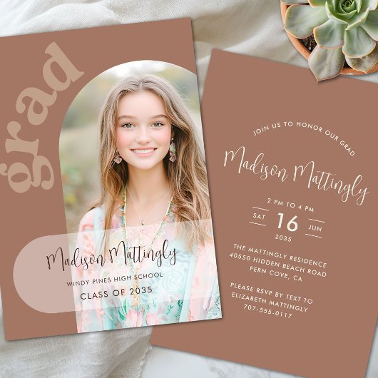 Brown Boho Arch Graduation Party Photo Invitation