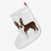 Brown Boston Terrier Cartoon Dog & Custom Name Grote Kerstsok (Achterkant (Hangend))