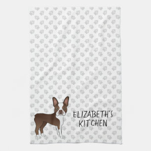 Brown Boston Terrier Cartoon Dog & Custom Text Theedoek