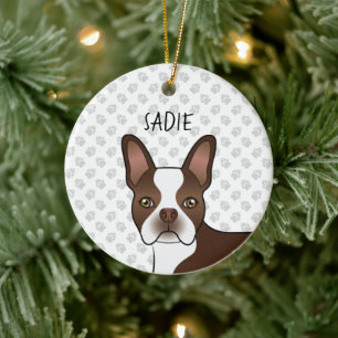 Brown Boston Terrier Cartoon Dog Head & Dog's Name Keramisch Ornament