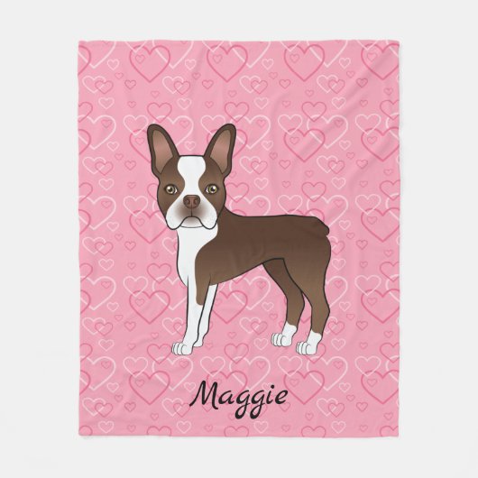 Brown Boston Terrier Dog op roze harten en naam Fleece Deken (Voorkant)