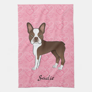 Brown Boston Terrier Dog op roze harten en naam Theedoek