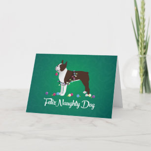 Brown Boston Terrier Feliz Naughty Dog Design Feestdagen Kaart