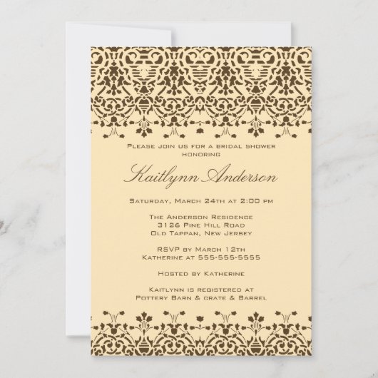 Brown & Cream Damask Bridal Shower Invitation Kaart (Voorkant)