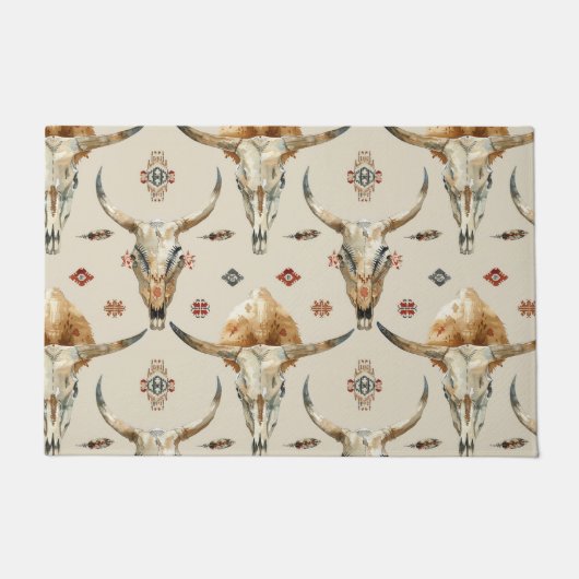 Brown Cream Tribal Native Feathers Skulls Deurmat (Voorkant)