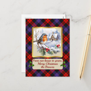 Brown Crest & Tartan w/Robin gepersonaliseerd Feestdagenkaart