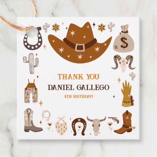 Brown Cute Cowboy Birthday party Bedankjes Labels (Voorkant)