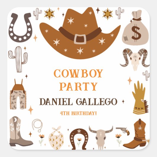 Brown Cute Cowboy Birthday party Square Sticker (Voorkant)