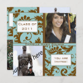 Brown & Damask Aqua Blue Graduation Invitation (Devant / Derrière)