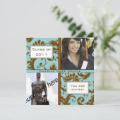 Brown & Damask Aqua Blue Graduation Invitation (Debout devant)