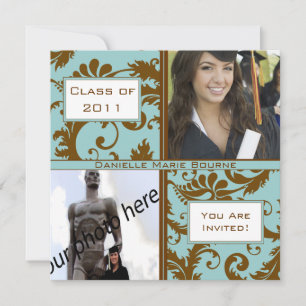 Brown & Damask Aqua Blue Graduation Invitation