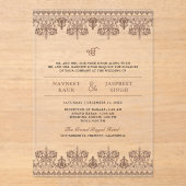 Brown Damask Border Anand Karaj Sikh Wedding Acryl Uitnodigingen (Voorkant)