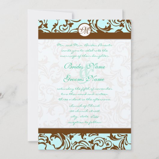 Brown Damask Light Aqua Blue Faire-part de mariage (Devant)