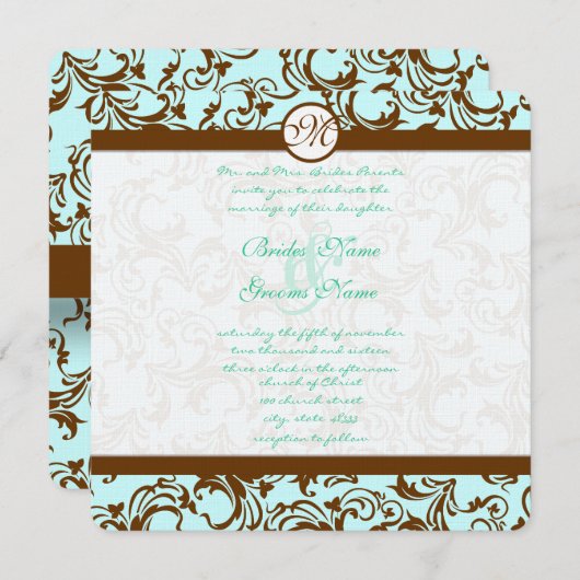 Brown Damask Light Aqua Blue Faire-part de mariage (Devant / Derrière)