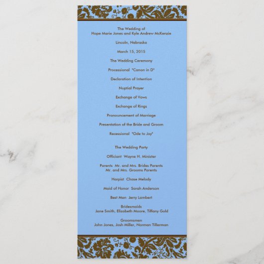Brown Damask on Blue Wedding Programme Programma (Voorkant)