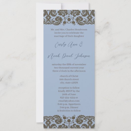 Brown Damask over Aqua Blue Wedding Invitation Kaart (Voorkant)