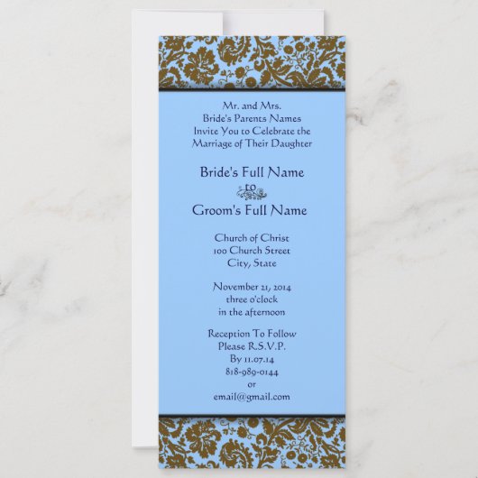 Brown Damask over Aqua Blue Wedding Invitation Kaart (Voorkant)