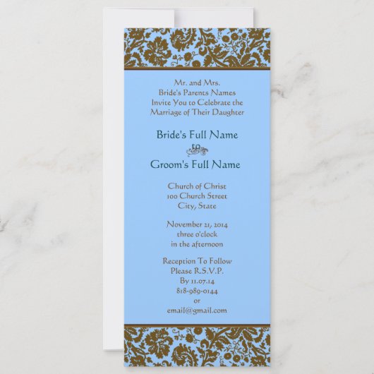 Brown Damask over Aqua Blue Wedding Invitation Kaart (Voorkant)