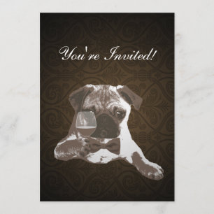 Brown Damask Pug & Fine WIne Birthday Uitnodiging