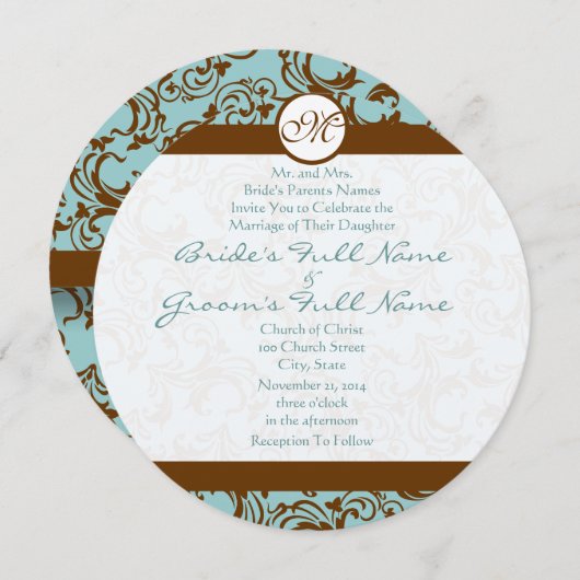 Brown Damask sur Aqua Faire-part de mariage (Devant / Derrière)