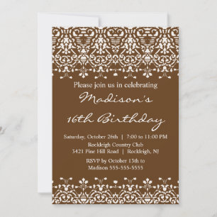 Brown Damask Sweet Sixteen Birthday Uitnodiging