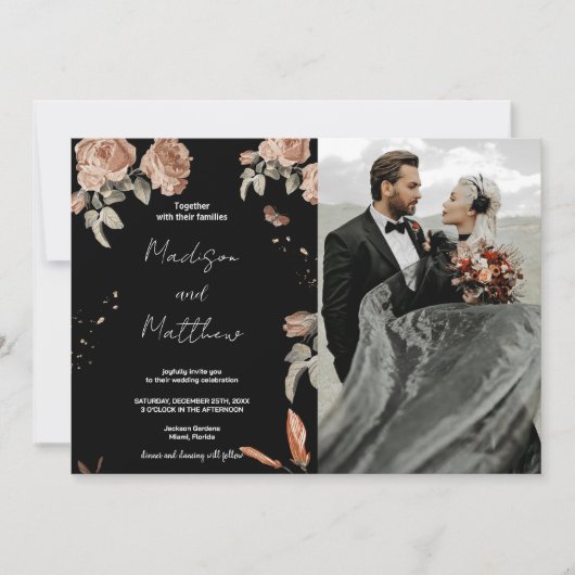 Brown Fleur Black Wedding Invitations avec photo (Devant)