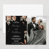 Brown Fleur Black Wedding Invitations avec photo (Devant / Derrière)