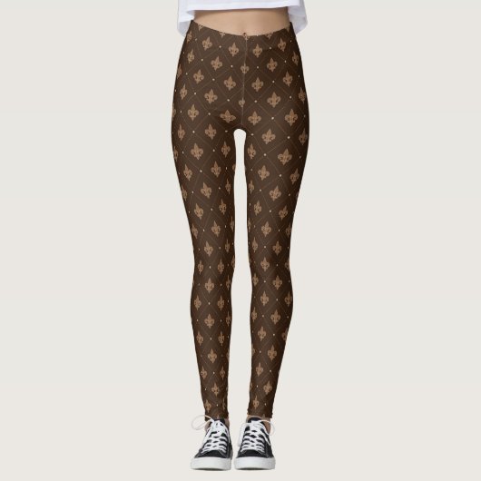 Brown Fleur De Lis French Damask Pattern Leggings (Voorkant)