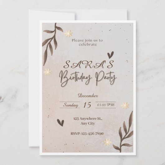 Brown Floral Aquarelle Feuilles Invitation d'anniv (Devant)