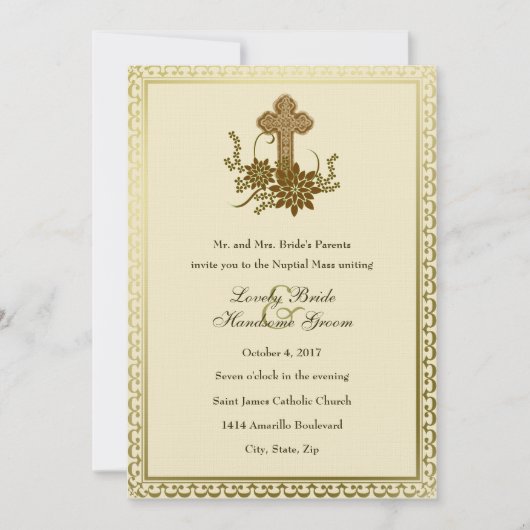 Brown Floral Cross Faire-part de mariage catholiqu (Devant)