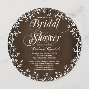 Brown Floral Swirls Round Bridal Shower Invitation Kaart