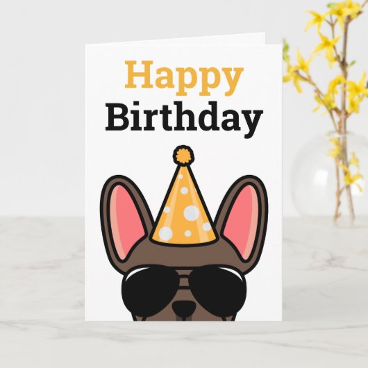Brown French Bulldog Bonne carte d'anniversaire (Fleur jaune)