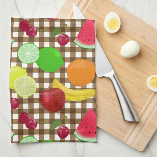 Brown Gingham Check with Fruit Pattern Theedoek (Quarter Fold)
