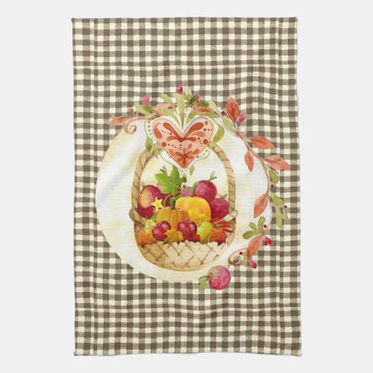 Brown Gingham Herfst Harvest Basket Theedoek (Verticaal)