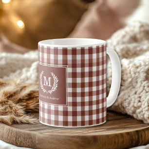 Brown Gingham Monogram Crest Custom Koffiemok
